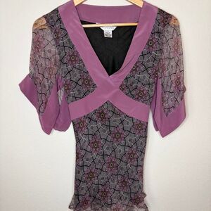 Vintage Y2K Fairycore Silk Allison Taylor purple & gray tie-back babydoll blouse